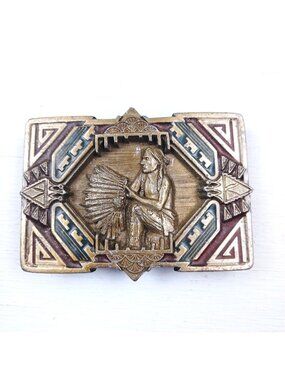 Vintage 1990 C+J Inc. Native American Chief Belt Buckle Metal Multicolor Made In